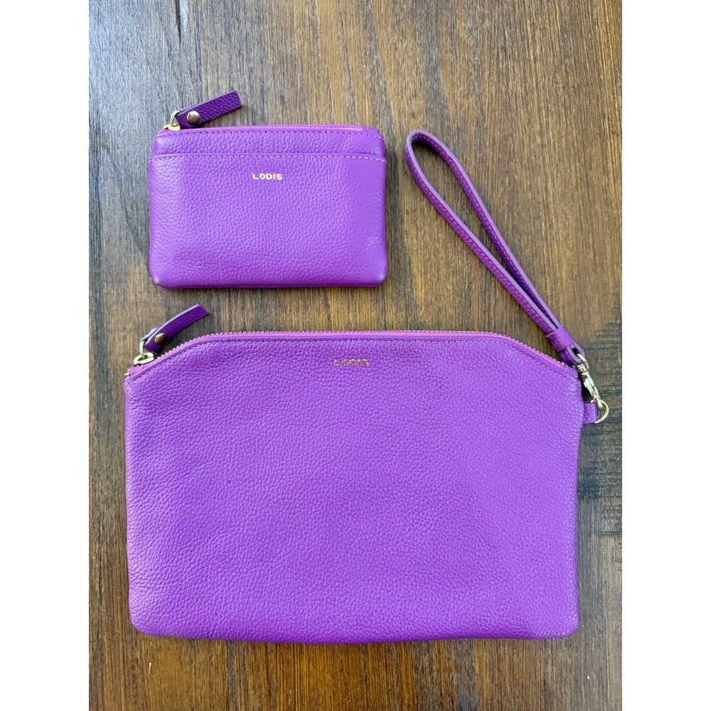 Lodis Wristlet and Coin Wallet Set Pebbled Leather Gold Hardware Purple